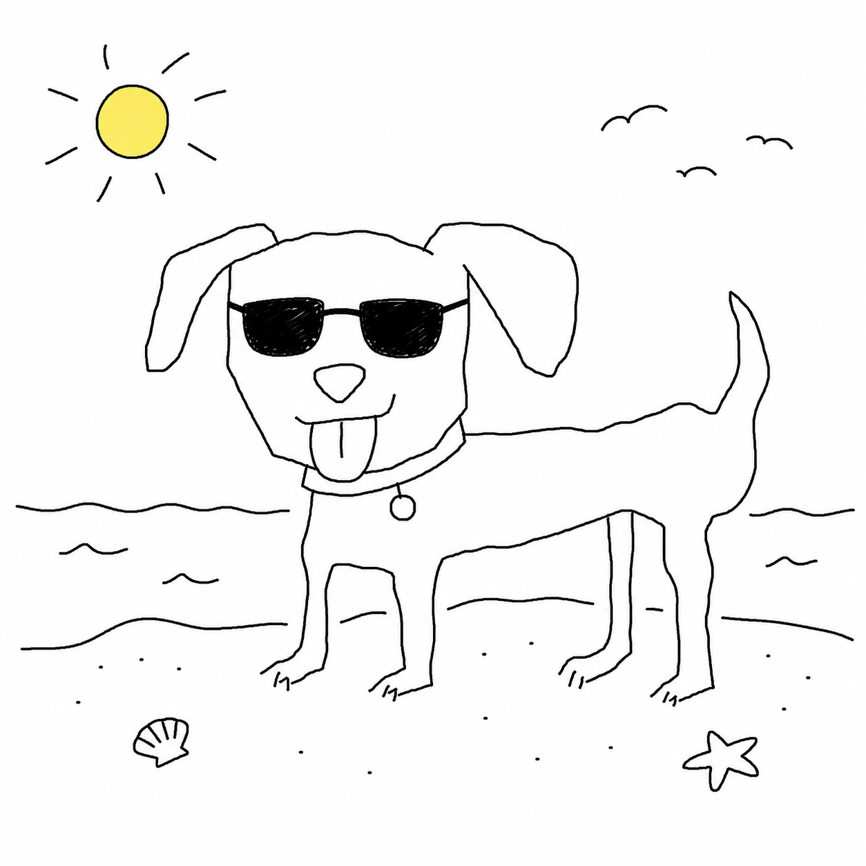 The dog at the beach wearing sunglasses